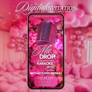 Karaoke Party Birthday Invitation, Animated Karaoke Night Invite, Digital Singing Musical Birthday Evite, Girls Night, Editable DIY Template