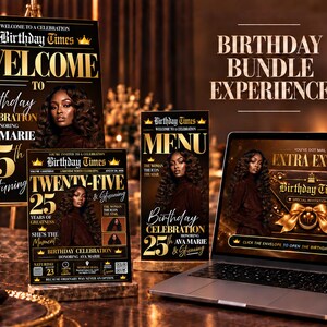 Könnte beinhalten: Ein Geburtstags-Bundle mit Willkommensschild, Menükarte und Einladungskarte im schwarz-goldenen Zeitungsdesign. Der Text enthält Birthday Times, Welcome to Birthday Celebration, Ava Marie, 25th & Stunning sowie Extra Extra.