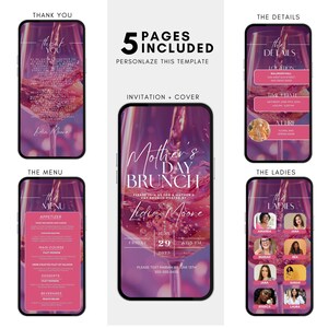 K&ouml;nnte beinhalten: Eine digitale Einladung zu einem Muttertagsbrunch. Die Einladung zeigt einen rosa und violetten Hintergrund mit einem Weinglas und dem Text "Muttertagsbrunch". Die Einladung enth&auml;lt auch das Datum, die Uhrzeit und den Ort des Brunches.