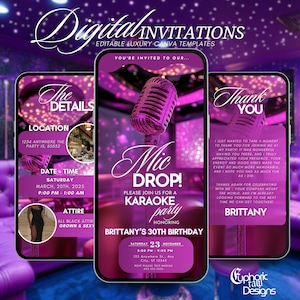 Karaoke Party Birthday Invitation, Animated Karaoke Night Invite, Digital Singing Musical Birthday Evite, Girls Night, Editable DIY Template