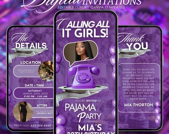 Plantilla de invitación para fiesta de pijamas morada, invitación editable para fiesta de pijamas de niñas, plantilla digital para noche de chicas, descarga instantánea