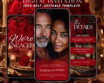 Invitación digital para fiesta de compromiso, elegante plantilla editable para invitación de boda, invitación de compromiso personalizable