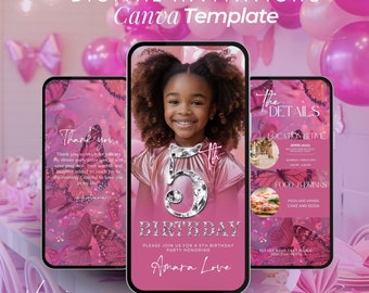 5th birthday Butterfly party invitation, Princess Party, Neon Pink, Baby Animated Invite, Digital Editable, Template, Girl Fifth Birthday