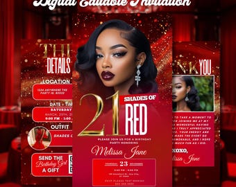 21st Birthday Invitation, Editable Evite for Women, Red & Gold Dinner Party Template, Classy Digital Invite, Milestone 21st Birthday Design