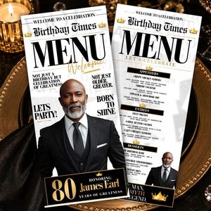 May include: Two vertical menu cards featuring a black and white portrait of a man in a suit. The text reads Welcome to a Celebration, Birthday Times, Menu, Let's Celebrate, and 80 Years of Greatness Honoring James Earl, The Man, Myth, Legend.
