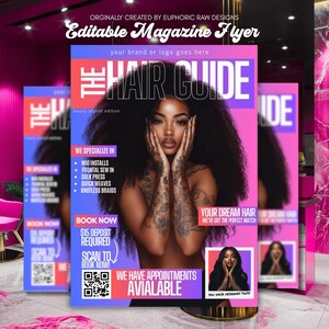 Rosa Magazin-Buchungsflyer, DIY Canva-Vorlage, Friseurtermin, Schönheitsservice-Perücke, bearbeitbarer Salon-Flyer, digitaler Download
