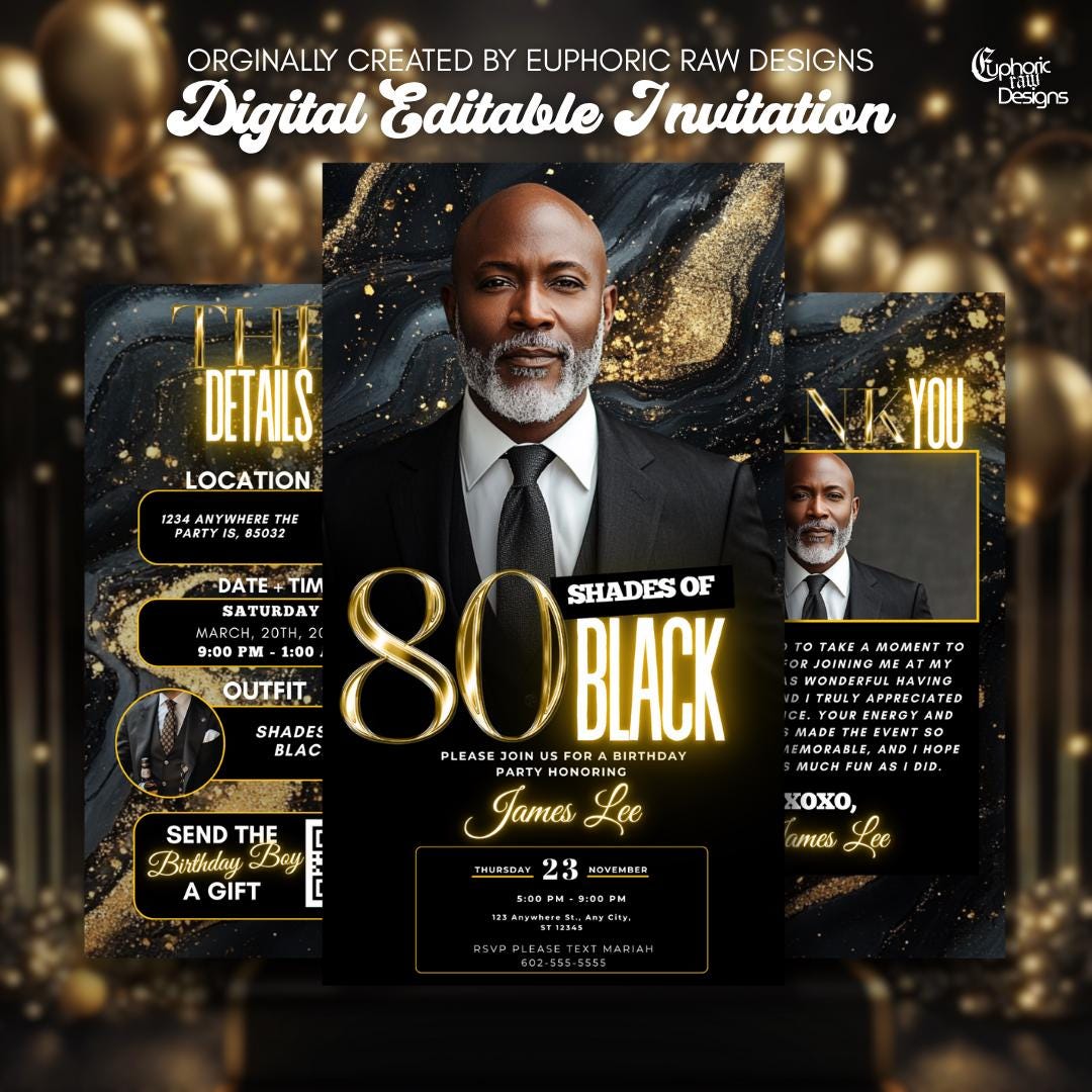 80th Birthday Dinner Invitation, DIY Template Design, Black Men's Party Video Invite, Premade Gold Party 80th Celebration Event Digital
