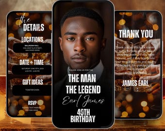 Men&#39;s Birthday Digital Invitation, Editable Animated Photo, Dinner Party, 40th or 60th Celebration, Evite Itinerary, Mobile Text Invite