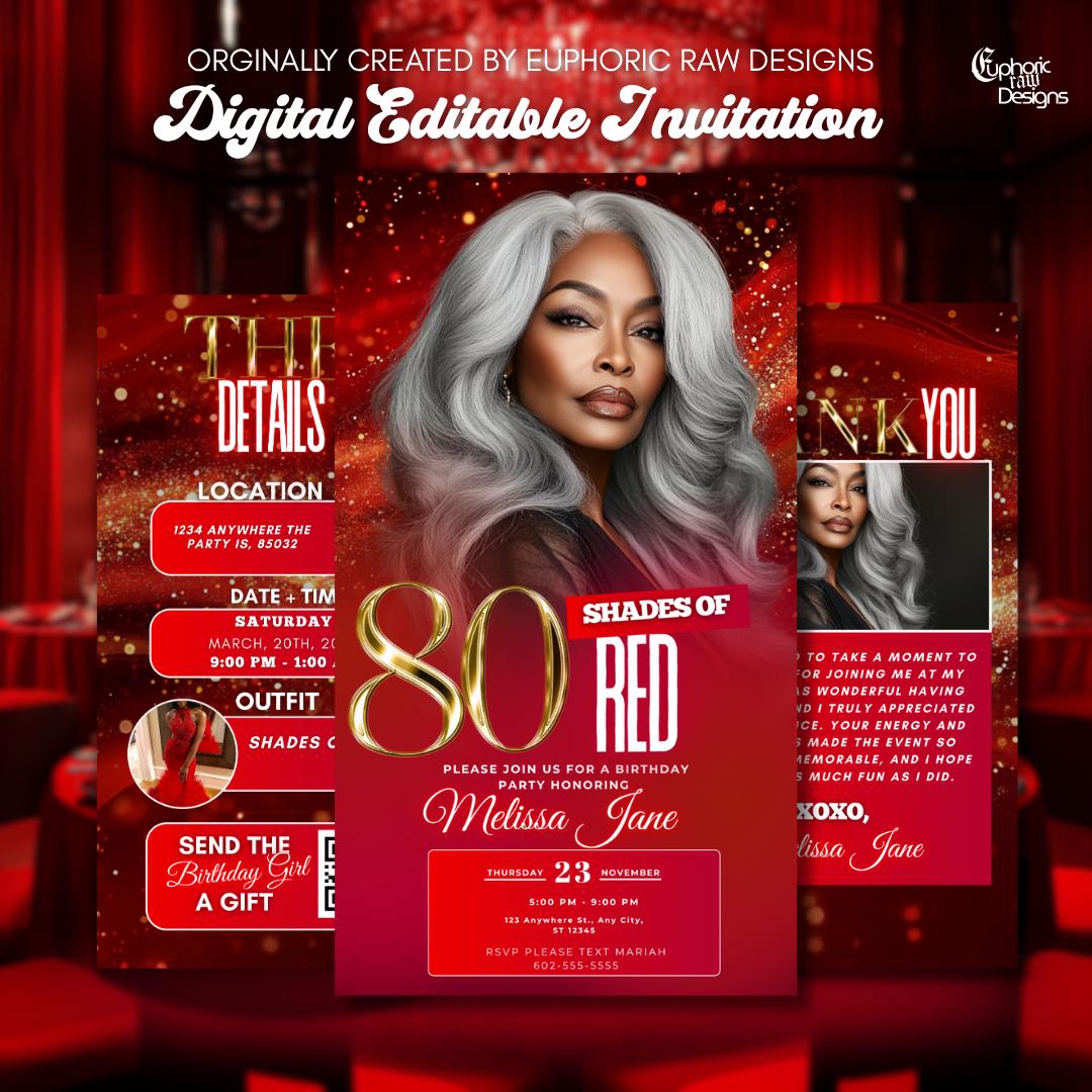 80th Birthday Invitation, Editable Evite for Women, Red & Gold Dinner Party Template, Classy Digital Invite, Milestone 80th Birthday Design