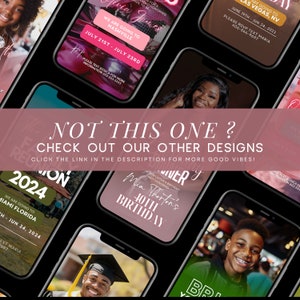 May include: A collection of digital phone screen mockups for birthday party invitations. The mockups feature different designs with pink, green, and black color schemes. The text on the mockups includes "Mia Thorton's 40th Birthday", "We are going to Nashville", and "We are going to Miami Florida".