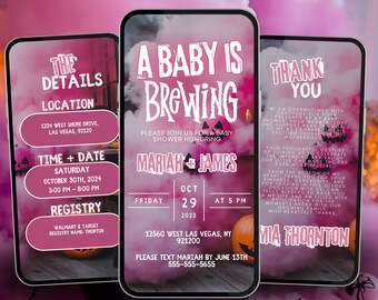 Inbjudan till Halloween-babyshower, en bebis brygger, digital häxinbjudan, läskig babyshower för flickor i oktober, mall för resplan för könsavslöjande