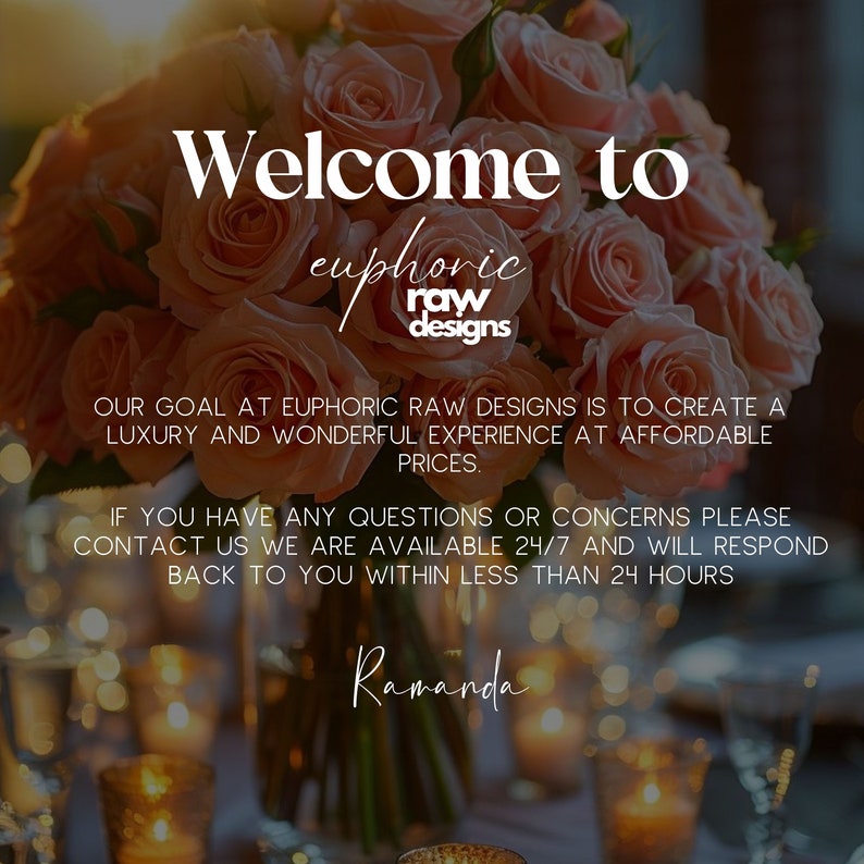 Puede incluir: Un arreglo floral de rosas color melocot&oacute;n en un jarr&oacute;n transparente, con el texto "Welcome to euphoric raw designs." La imagen incluye texto sobre la creaci&oacute;n de una experiencia de lujo.