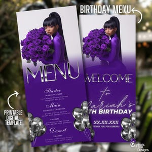Digital Birthday Menu, Purple Silver Canva Menu Template, Editable Event Menu, Printable Dinner Table Decor for Birthday Celebrations