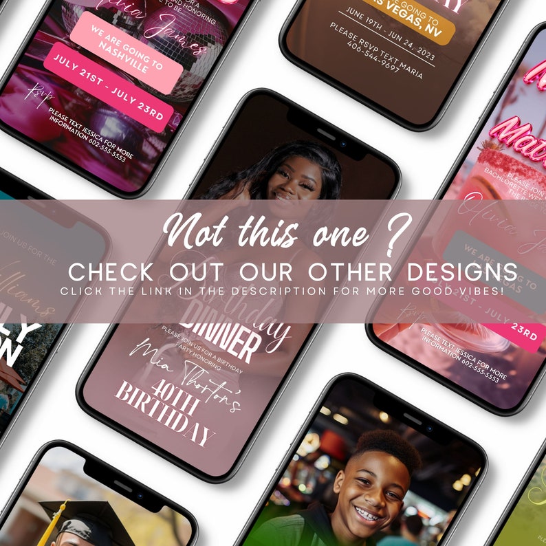 Puede incluir: Varios smartphones que muestran invitaciones digitales para eventos, incluyendo cenas de cumplea&ntilde;os y despedidas de soltera. Las invitaciones presentan texto como "Nashville" y "Las Vegas". La imagen incluye el texto "Not this one? Check out our other designs."