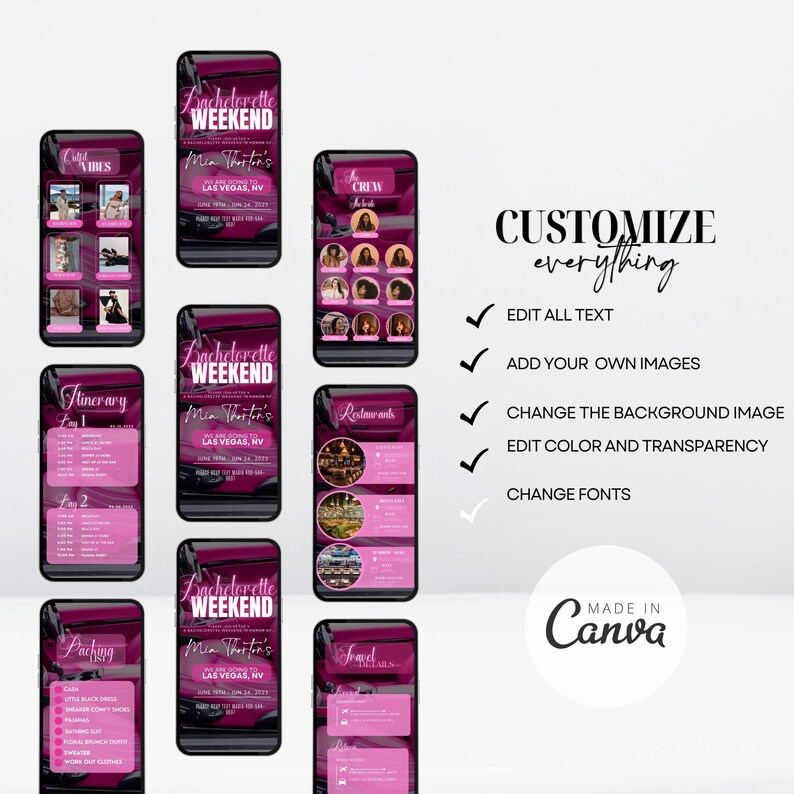 K&ouml;nnte beinhalten: Ein digitales Design f&uuml;r ein Junggesellinnenabschieds-Wochenende mit einem dunkelrosa und schwarzen Farbschema. Das Design umfasst Mockups von Telefonbildschirmen mit Reiseroute, Packliste und Crew-Details. Text enth&auml;lt "Bachelorette Weekend".