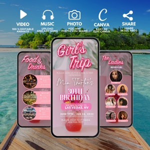 Puede incluir: Una invitaci&oacute;n digital rosa y blanca para un viaje de chicas a Las Vegas, Nevada. La invitaci&oacute;n presenta un letrero de ne&oacute;n rosa que dice "Girl's Trip" y una copa de c&oacute;ctel con una bebida rosa. El texto de la invitaci&oacute;n dice "Por favor, &uacute;nase a nosotros para un viaje de chicas en honor al 30 cumplea&ntilde;os de Mia Thorton. Vamos a Las Vegas, NV. Del 19 de junio al 24 de junio de 2023. Por favor, env&iacute;e un mensaje de texto a Maria al 406-544-9697 para confirmar su asistencia."