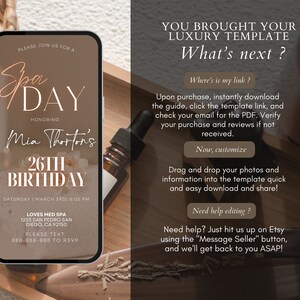Puede incluir: Una invitaci&oacute;n digital para una fiesta de cumplea&ntilde;os de spa. La invitaci&oacute;n est&aacute; en la pantalla de un tel&eacute;fono y presenta un dise&ntilde;o floral rosa y blanco. El texto de la invitaci&oacute;n dice "Spa Day Honoring Mia Thorton's 26th Birthday Saturday | March 3rd | 6:05 PM Loves Med Spa 1253 San Pedro San Diego, CA 92150 Please Text 888-888-888 to RSVP".