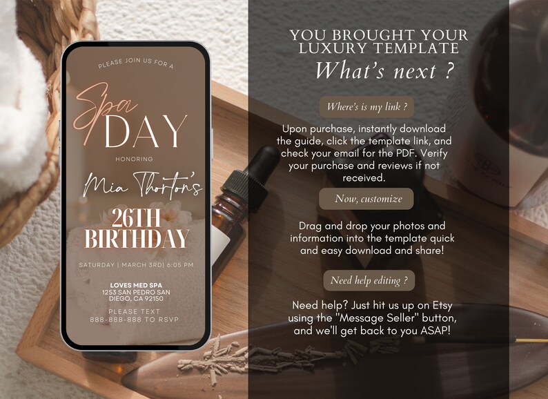 Puede incluir: Una invitaci&oacute;n digital para una fiesta de cumplea&ntilde;os de spa. La invitaci&oacute;n est&aacute; en la pantalla de un tel&eacute;fono y presenta un dise&ntilde;o floral rosa y blanco. El texto de la invitaci&oacute;n dice "Spa Day Honoring Mia Thorton's 26th Birthday Saturday | March 3rd | 6:05 PM Loves Med Spa 1253 San Pedro San Diego, CA 92150 Please Text 888-888-888 to RSVP".