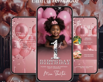 May include: A digital invitation for a first birthday party. The invitation features a pink and gold color scheme with a photo of a young girl in a black dress surrounded by pink balloons. The text on the invitation reads "The Details", "Location & Time", "Food & Drinks", "Please RSVP Text Maria 406-544-9697", "Mia Thorton", and "Please Join Us For A 1st Birthday Party Honoring".