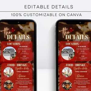 Pode incluir: Dois smartphones exibindo um modelo de convite de casamento. O design apresenta um fundo vermelho com texto branco, incluindo detalhes do evento como local, data e hora. O texto "EDITABLE DETAILS" e "100% CUSTOMIZABLE ON CANVA" tamb&eacute;m s&atilde;o vis&iacute;veis.