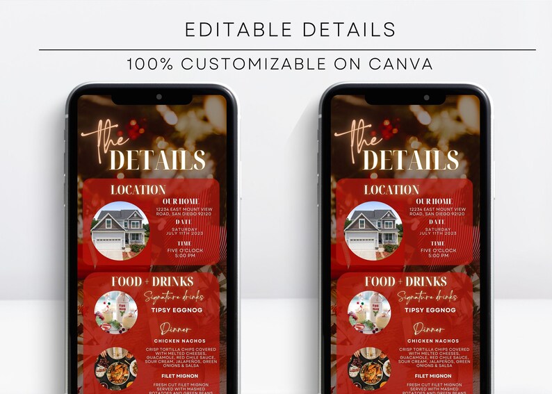 Pode incluir: Dois smartphones exibindo um modelo de convite de casamento. O design apresenta um fundo vermelho com texto branco, incluindo detalhes do evento como local, data e hora. O texto "EDITABLE DETAILS" e "100% CUSTOMIZABLE ON CANVA" tamb&eacute;m s&atilde;o vis&iacute;veis.