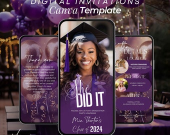 Purple & Gold Graduation Invitation: Customizable Canva Template (Digital)