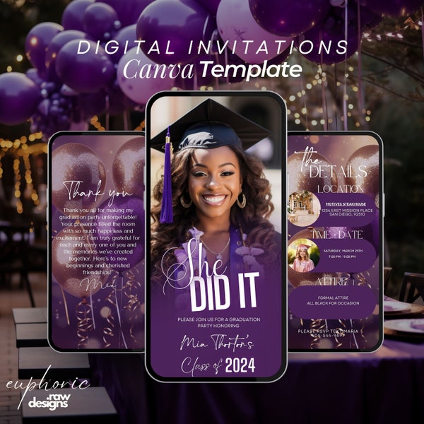 Graduation Party Invitation, Grad Announcement, High school, College, Nursing and Law Graduation Invite, Purple Gold, Digital Grad Itinerary