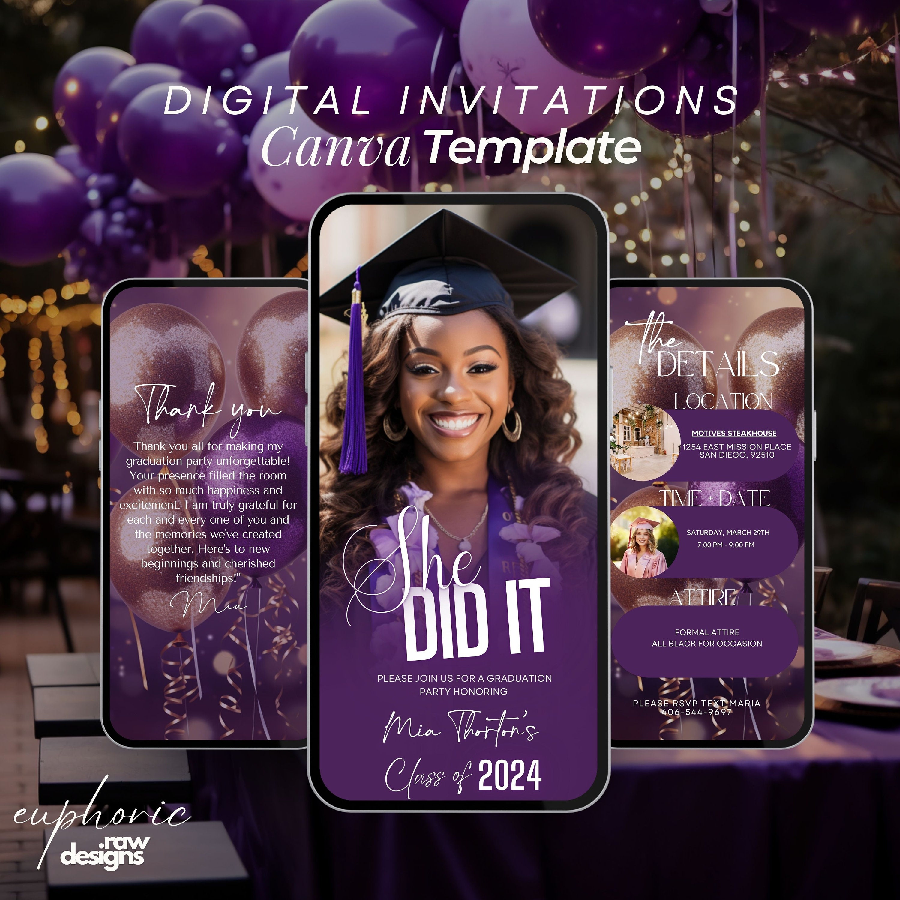 Purple \u0026 Gold Graduation Invitation: Customizable Canva Template (digital)  - Etsy, image size:3000x3000