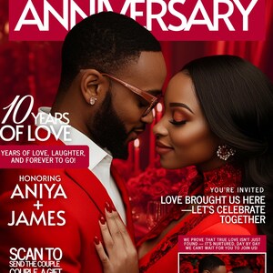 May include: Anniversary invitation with the text "It's Our Anniversary" in white on a red background. The invitation features a couple, the text "10 Years of Love", and the names "Aniya + James".