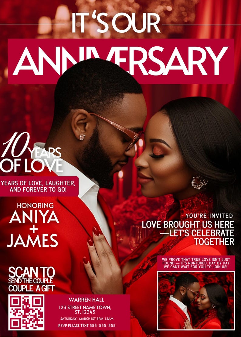 May include: Anniversary invitation with the text "It's Our Anniversary" in white on a red background. The invitation features a couple, the text "10 Years of Love", and the names "Aniya + James".