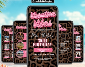 Puede incluir: Diseño de invitación digital para una celebración de 30 cumpleaños. La invitación presenta un fondo con estampado de leopardo con texto rosa que dice "Vacation Vibes" y detalles del evento. El diseño se muestra en varios teléfonos inteligentes.