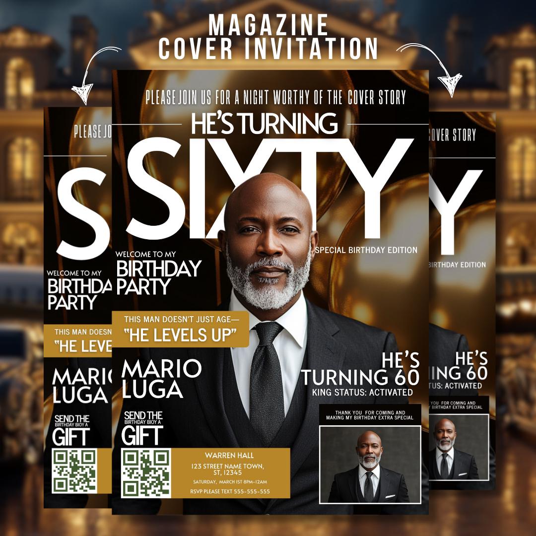 Gold 60th Birthday Magazine Invitation, Digital Men Modern Party Flyer for Boys, DIY Editable Gold Template, 60th Dinner Invite for Him
