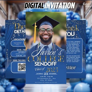 Graduation College Send off Invitation, Blue Trunk Party Invite High School Graduation, Send-Off, Digital Boys Photo Farewell Template