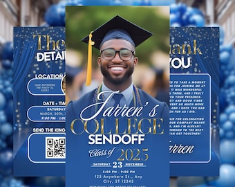 Invito per la festa di laurea, invito per la festa del baule blu, laurea, modello di saluto con foto digitale per ragazzi
