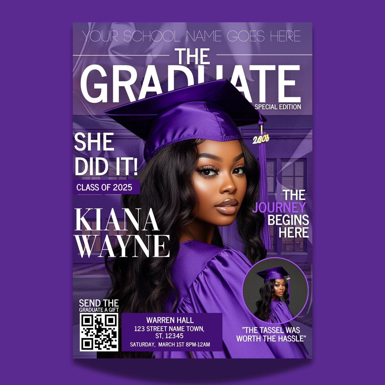 Grad Week Flyer Graduation Invite Magazine Style, Purple DIY Editable Flyer Template ...