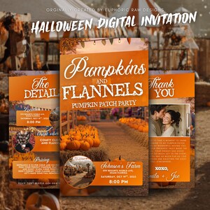 Inbjudan till pumpafältsfest, höstfödelsedagsinbjudan för barn, pumpaplockning redigerbar canvasmall, flanellinbjudan, digital nedladdning