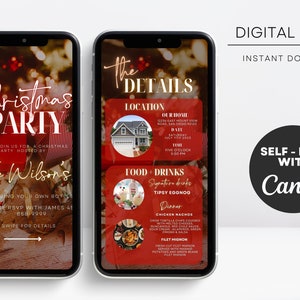 Pode incluir: Dois smartphones exibindo um convite digital para uma festa de Natal. O telefone esquerdo mostra "Christmas PARTY" e detalhes. O telefone direito mostra os detalhes da festa, incluindo local, data, hora e menu. O convite &eacute; autoedit&aacute;vel com Canva.