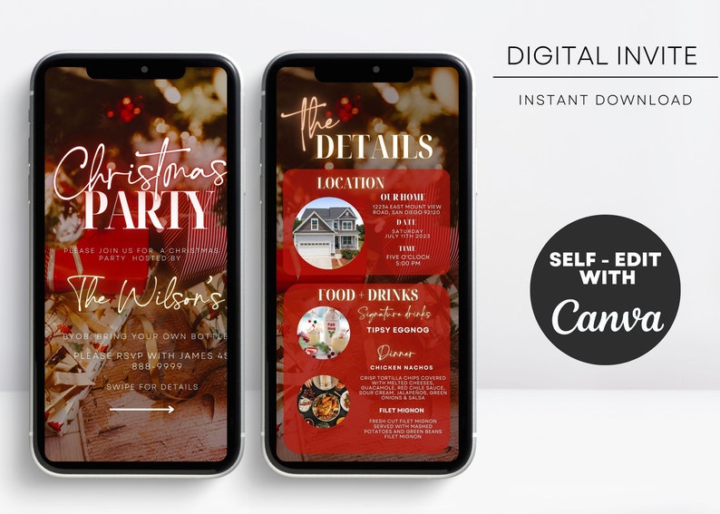 Pode incluir: Dois smartphones exibindo um convite digital para uma festa de Natal. O telefone esquerdo mostra "Christmas PARTY" e detalhes. O telefone direito mostra os detalhes da festa, incluindo local, data, hora e menu. O convite &eacute; autoedit&aacute;vel com Canva.