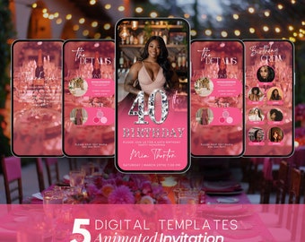 40th Birthday Itinerary Invitation Template, Electronic Birthday Evite, Neon Pink Birthday Dinner, 40th Birthday Editable Evite