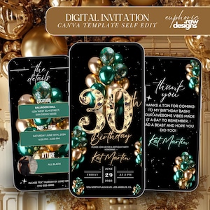 Könnte beinhalten: Eine digitale Einladung zu einer 30. Geburtstagsfeier. Die Einladung zeigt einen schwarzen Hintergrund mit goldenen und grünen Ballons, einer großen goldenen Zahl 30 und dem Text "30th Birthday" und "Kat Martin". Die Einladung enthält auch das Datum, die Uhrzeit und den Ort der Party.