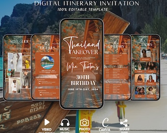 Invitation itinéraire numérique Thaïlande, anniversaire de filles voyage escapade, Phuket Planner, Bangkok voyage vacances, modèle de planification de week-end