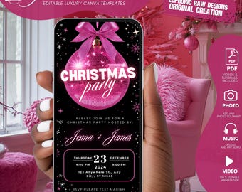 May include: A smartphone screen shows a digital Christmas party invitation. The design features a pink disco ball ornament with the text "Christmas Party." The invitation includes date, time, location, and RSVP details. The phone is held in a hand.