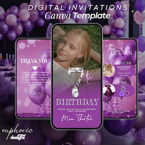 7th birthday party invitation, Neon Purple and Glitter Template, Seventh Birthday, Milestone invitation, Turning 7