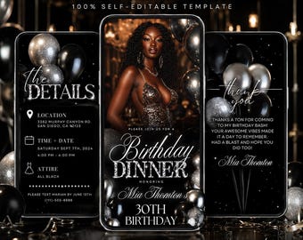 Faire-part d'anniversaire, invitation numérique élégante à une fête d'anniversaire, ballons noirs argentés, invitation à un dîner formel, modèle de toile modifiable