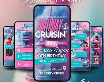May include: A digital invitation for a 30th birthday cruise to Cozumel, Mexico. The invitation features a pink and blue color scheme with a yacht and the text "Birthday Cruisin' Honoring Jessica Bryan 30th Birthday June 14- June 17 2025".