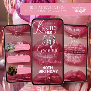 60th Birthday Party Invitation, Digital Pink Kissing Goodbye to her 50’s, Dinner Invite, Glam Brunch Itinerary, Diamond Video Evite