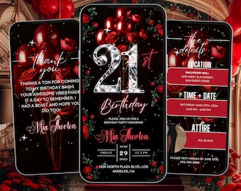 Red Roses 21st Birthday Invitation: Glam Dinner, Editable Template (Digital)