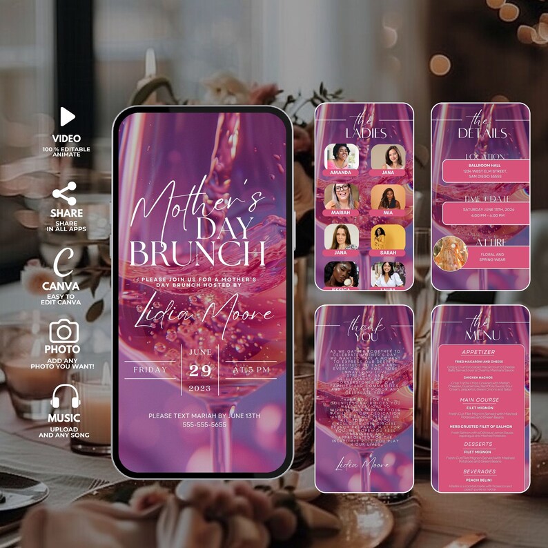 K&ouml;nnte beinhalten: Eine digitale Einladung in Pink und Lila f&uuml;r einen Muttertagsbrunch. Die Einladung zeigt ein Glas Wein mit einem rosa-violetten Farbverlauf. Der Text auf der Einladung lautet "Muttertagsbrunch" und enth&auml;lt Datum, Uhrzeit und Ort der Veranstaltung. Die Einladung enth&auml;lt auch eine Liste der Damen, die am Brunch teilnehmen.