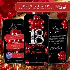 18th Birthday Party Invitation, Red Digital 18th Glam Dinner Invite Template, 18th Invite Diamond Video Editable Brunch Itinerary
