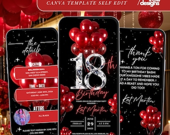 Uitnodiging voor 18e verjaardagsfeestje, rode digitale 18e Glam Dinner Invite-sjabloon, 18e uitnodiging Diamond Video bewerkbare brunchroute